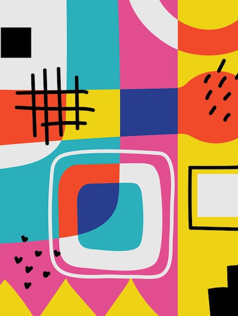 Handgetekende abstracte achtergronden met verschillende geometrische vormen en doodle-objecten Hedendaagse moderne trendy vectorillustratie in felle kleuren