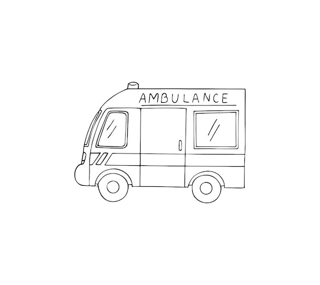 Handgetekende ambulance Ambulance medische dienst Voertuig vector illustratie op een witte achtergrond