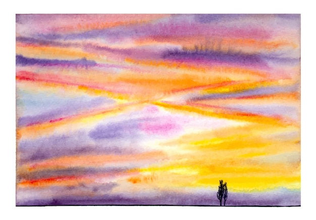 Handgetekende aquarel avondrood met twee bomen silhouetten aan de horizon