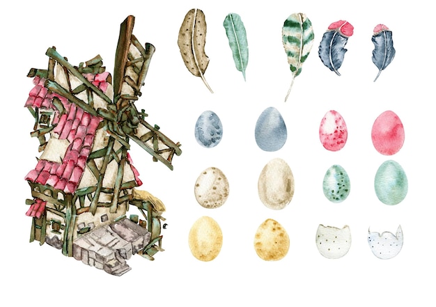 Handgetekende aquarel eieren en veren set met gwindmill. het is perfect voor een wenskaart
