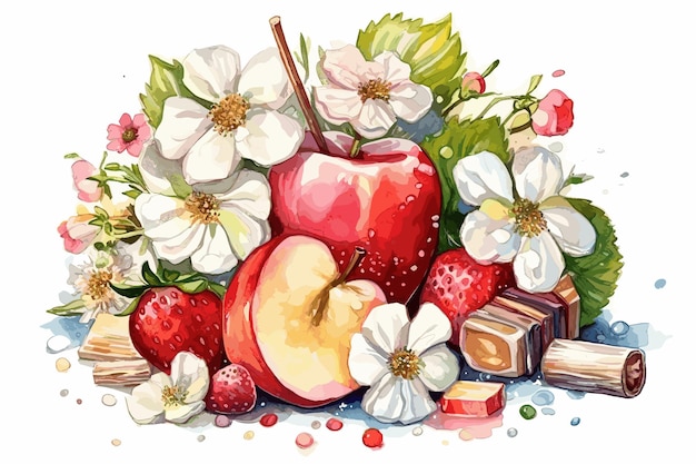 Vector handgetekende aquarel fruit illustraties geïsoleerde illustratie van de rode appels en sappige aardbei