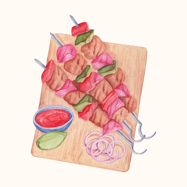 Vector handgetekende aquarel gegrilde kebab collectie