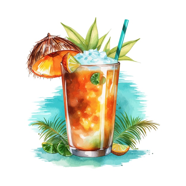 Handgetekende aquarel illustratie exotische tropische tropische cocktail pina colada kokosnoot tequila zonsopgang oranje munt clipart