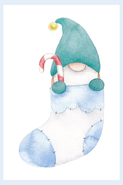 Handgetekende aquarel illustratie Gnome kerstsok en snoepgoed