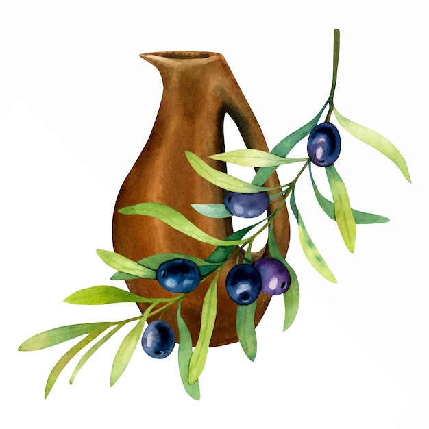 Handgetekende aquarel illustratie van keramische kruik voor olijfolie met olijftak geïsoleerd