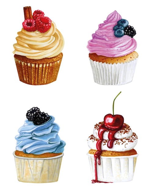 Handgetekende aquarel set bessen cupcakes