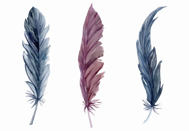 Handgetekende aquarel vogelveren veer veer boho tribale etnische Indiase blauw bruin Eén object geïsoleerd op witte achtergrond Ontwerp charme amulet droomvanger scrapbooking handgemaakte ambachtelijke tatoeage