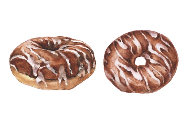 Handgetekende aquarel zoete donuts met chocolade geglazuurde topping