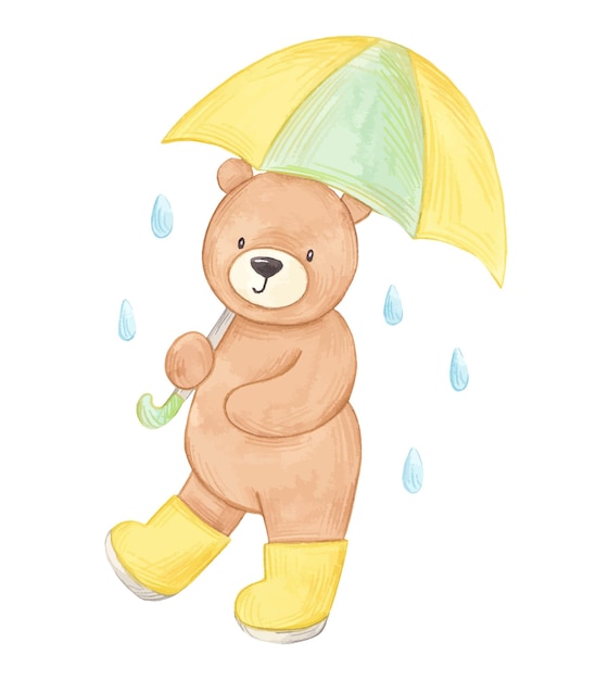 Handgetekende aquarelillustratie van een schattige teddybeer onder een paraplu in de regen