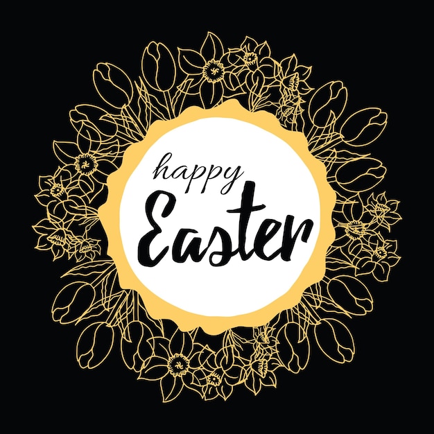 Handgetekende banner met tekst happy easter gemaakt op doodle ontwerp in rond frame met lente