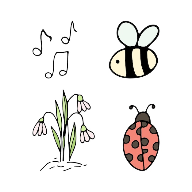 Handgetekende bij en lieveheersbeestje op bloemen voor zomer- en lentedecoratie