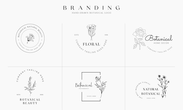 Handgetekende bloemen botanische logo illustratie collectie voor schoonheid natuurlijke organische Premium Vector