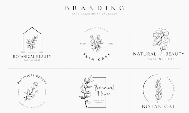 Handgetekende bloemen botanische logo illustratie collectie voor schoonheid natuurlijke organische premium vector