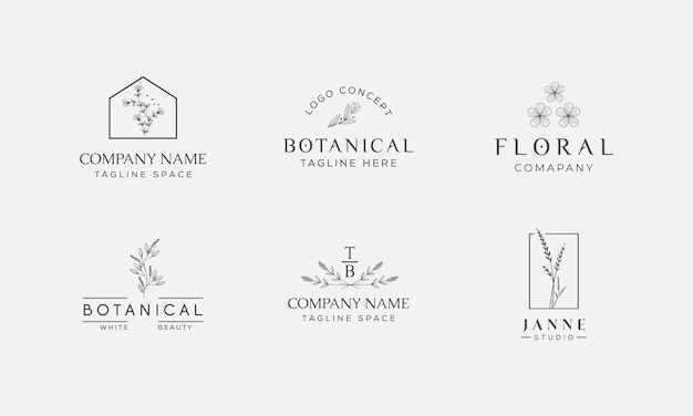 Handgetekende bloemen botanische logo illustratie collectie voor schoonheid natuurlijke organische premium vector