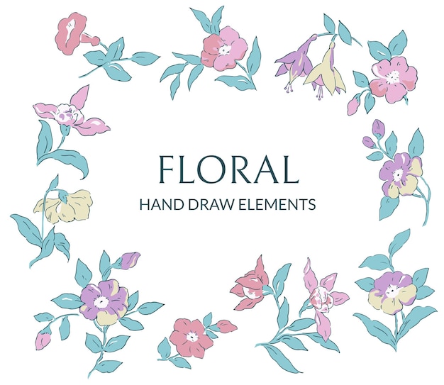 Handgetekende bloemen elementen collectie Gratis Vector