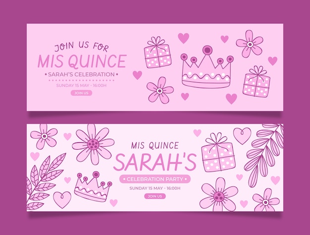 Vector handgetekende bloemen quinceañera horizontale banners