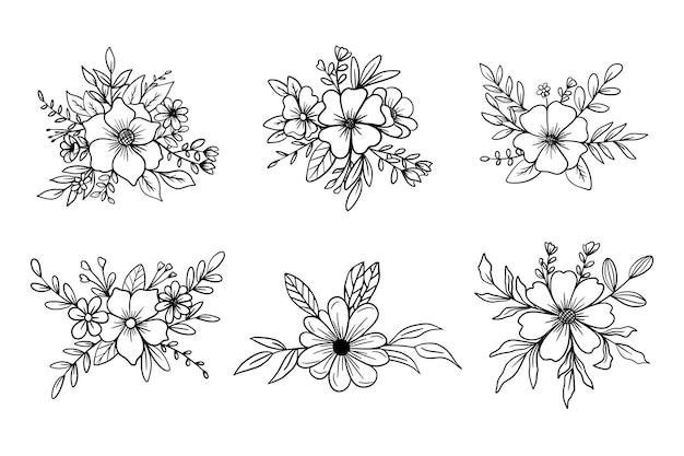 Handgetekende bloemenarrangement met bloemen en bladeren