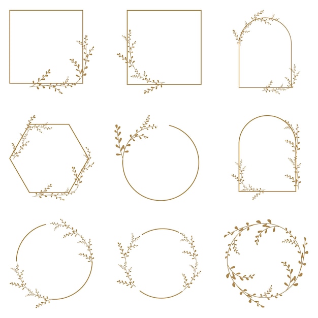 Handgetekende bloemenframes met bloementak en bladeren Krans Elegante logo sjabloon Vector