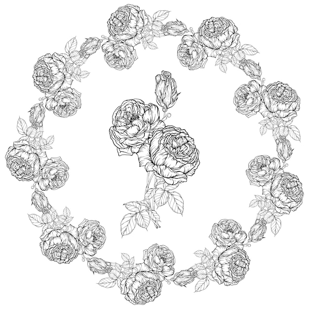 Handgetekende bloemenset, Rose Collection, Flower Wreath.