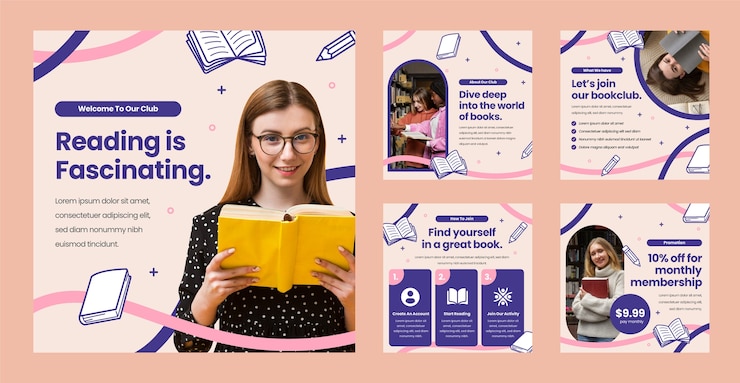 Vector handgetekende boekenclub instagram-berichten