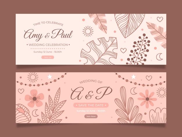 Handgetekende boho bruiloft horizontale banners