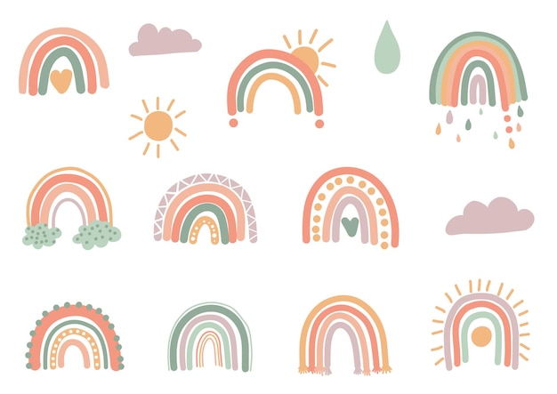Handgetekende Boho Rainbows Cute Set in Pastel en Aardse kleuren Elementen Scandinavische stijl