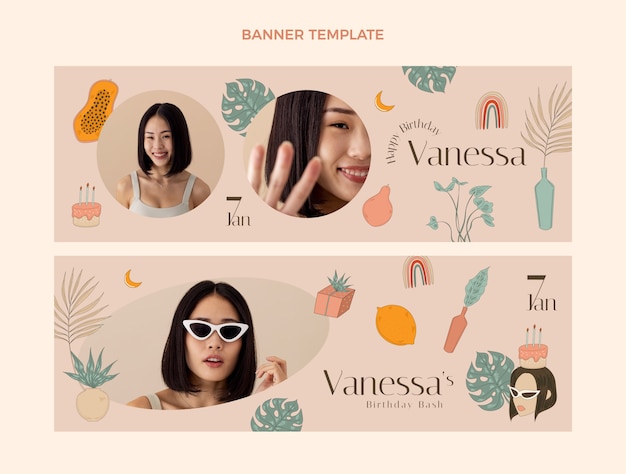 Vector handgetekende boho verjaardag horizontale banners