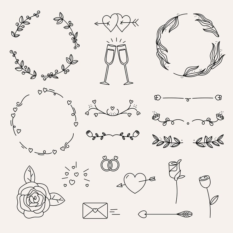 Vector handgetekende bruiloft ornamenten collectie