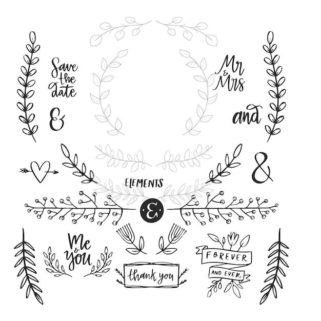 Handgetekende bruiloftsalbum ornamenten zwarte vector