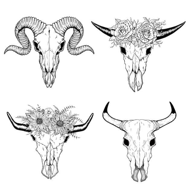 Vector handgetekende buffalo skull native american totem set