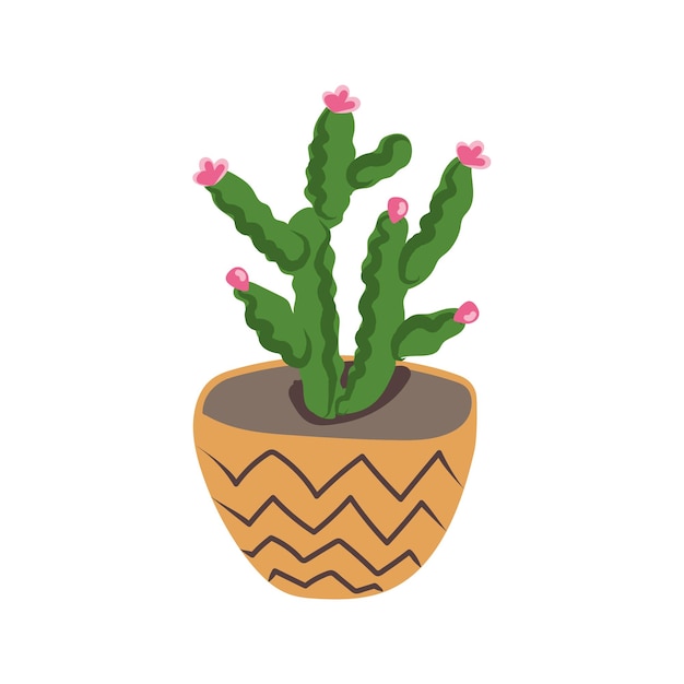 Handgetekende cactus met bloem in pot in doodle-stijl