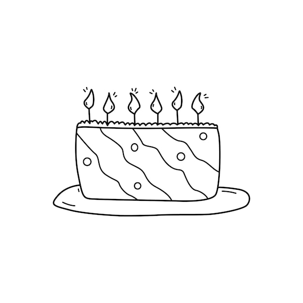 Handgetekende cake met kaarsen doodle stijl vectorillustratie