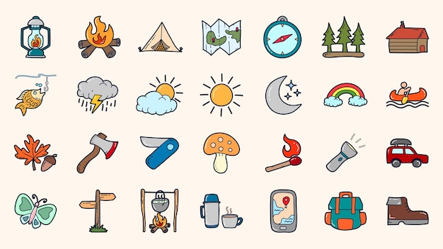 Handgetekende camping- en outdoor doodle-iconecollectie