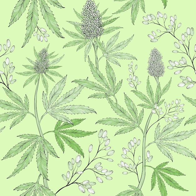 Handgetekende cannabisbladeren naadloos patroon met groene achtergrond