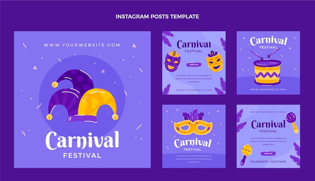 Vector handgetekende carnaval instagram posts collectie