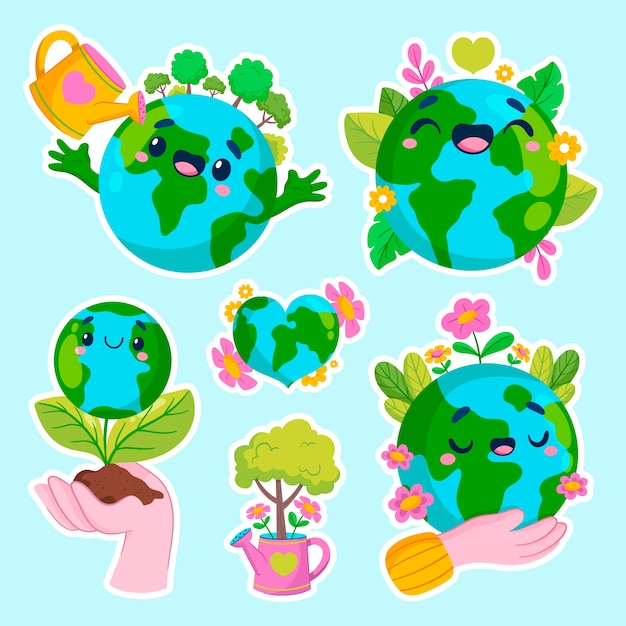 Handgetekende cartoon earth day sticker set