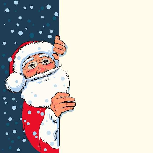 Vector handgetekende cartoon santa claus gluren achter een lege poster met ruimte voor tekst