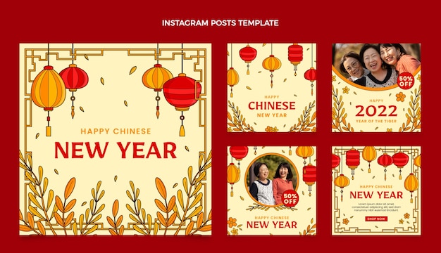 Handgetekende chinees nieuwjaar instagram posts collectie