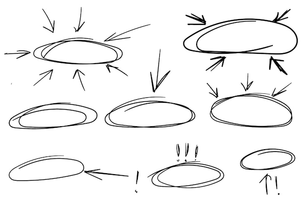 Handgetekende cirkel omtrekselectie markeer ovaal en pijlen doodle kaderomtreklijnen