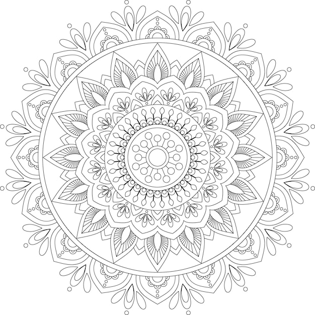 Handgetekende cirkelvormige kleurloze mandala. Kleurboekpagina.