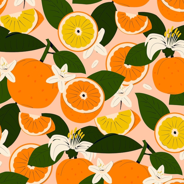 Handgetekende citrusvruchten en bloemenpatroon