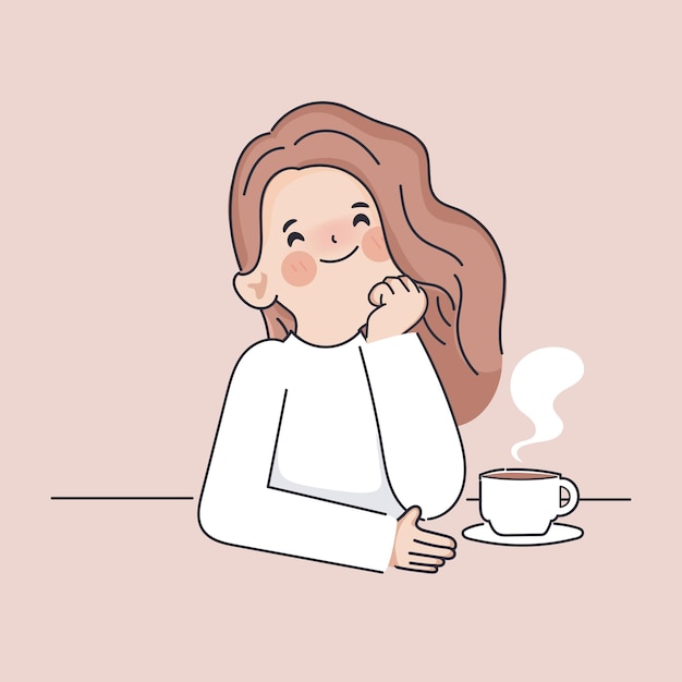 Handgetekende clipart vrouw blij met koffie karakter