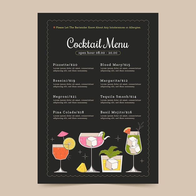 Handgetekende cocktailmenu