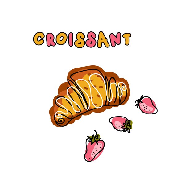 Handgetekende croissant en aardbeien Perfect voor tshirt poster en print Doodle vectorillustratie voor decor en design