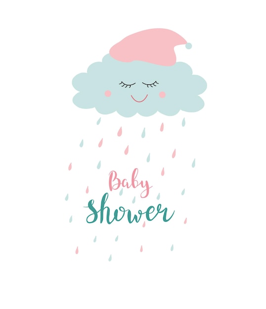 Vector handgetekende cute happy wolk met regendruppels en tex baby shower regendruppels vallen uit de bewolkte hemel