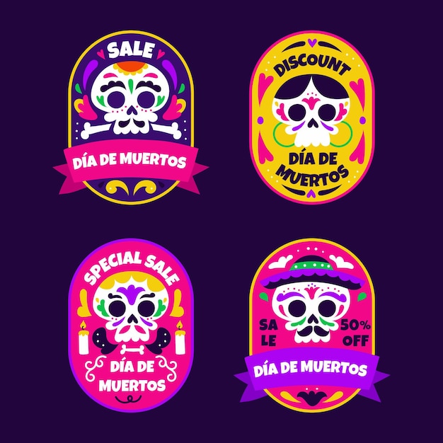 Vector handgetekende dia de muertos verkooplabels collectie