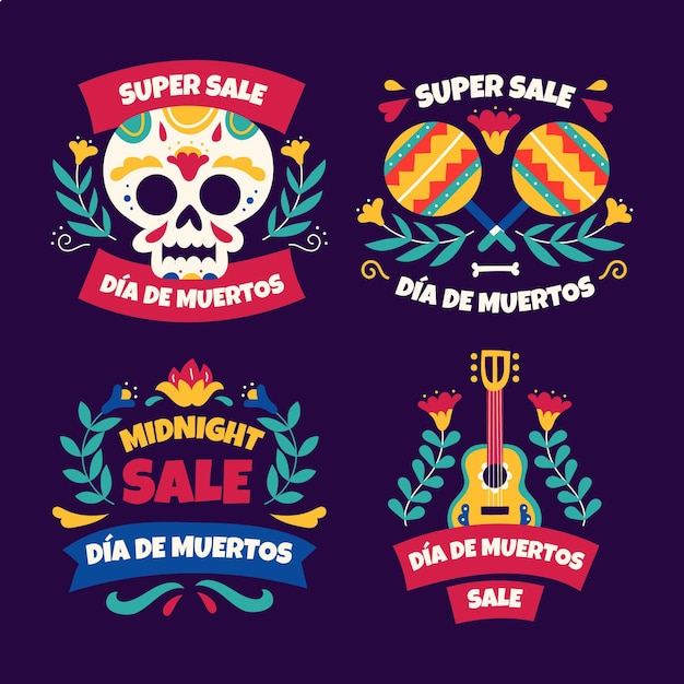 Vector handgetekende dia de muertos verkooplabels collectie