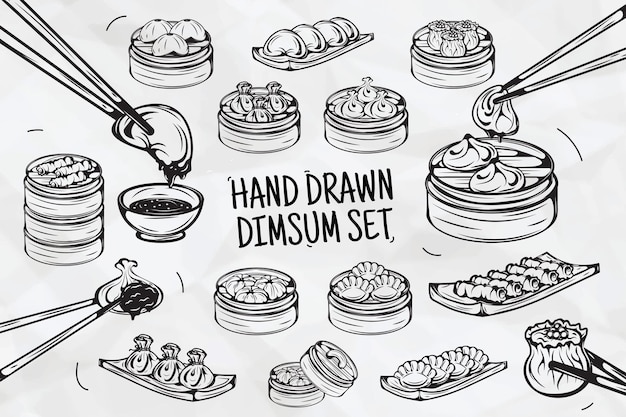 Handgetekende Dimsum-illustratieset