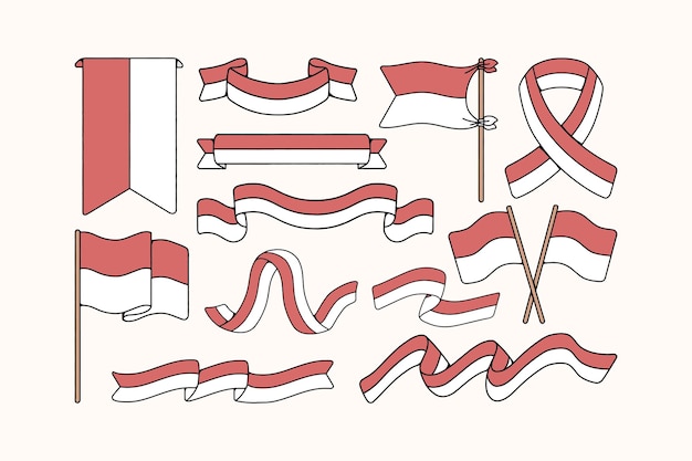 Handgetekende Doodle Indonesische vlag illustratie set