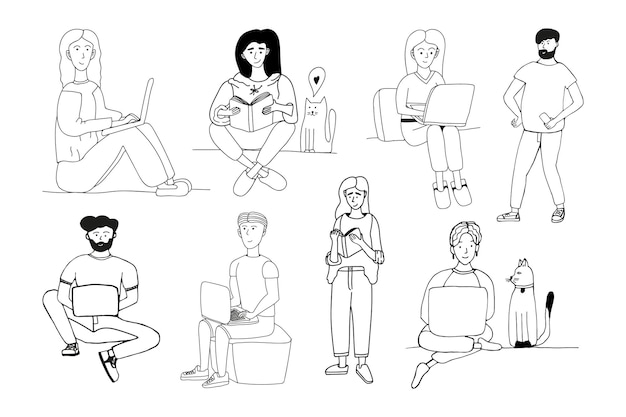 Handgetekende doodle man en vrouw met laptop en boek Werk thuis freelance online studie
